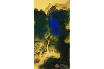 魏金岭三尺竖幅山水画作品《金笺山水画系列之一》