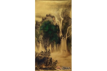 魏金岭三尺金笺山水画作品《山中一夜雨》