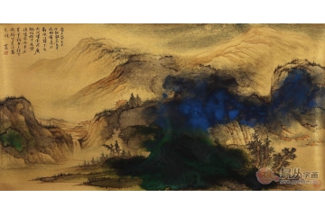 魏金岭三尺泼墨山水画作品《金笺山水画》