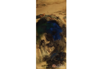 魏金岭三尺金笺山水画作品《壬辰夏月》