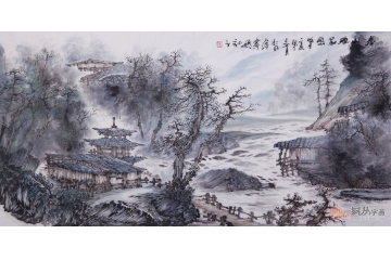 孙硕四尺横幅山水画作品《春山雅居图》
