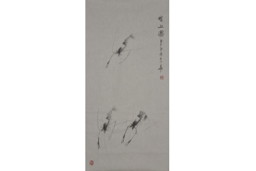 郭岚三尺竖幅鱼虫虾系列画《虾趣图四》