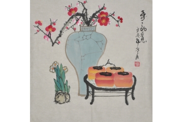 周文豪三尺斗方花鸟画作品《事事如意》