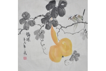 周文豪三尺斗方花鸟画作品《福禄》