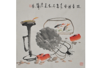 周绍峰三尺斗方花鸟画作品《蔬香醉客》