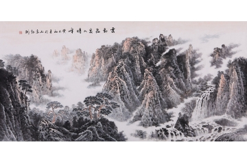 张朝彬四尺横幅山水画作品《云动飞泉入晴峰》