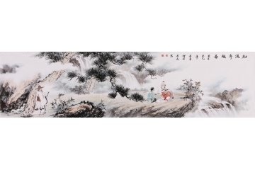 刘雅君六尺横幅山水画作品《松溪弈趣图》