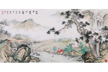 刘雅君四尺横幅山水画作品《松风琴韵曲水流觞》