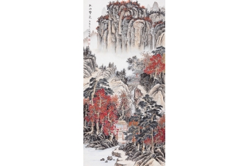 张天成四尺竖幅山水画作品《秋山乡泉》