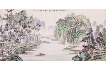 张天成四尺横幅山水作品《似竹之贞如松之盛》