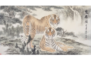 王贵国六尺横幅动物画作品国画虎《双雄图》