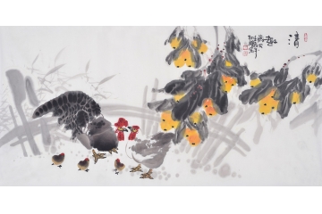 王少华四尺横幅花鸟作品鸡《清趣》