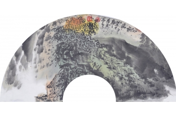 李新华小尺扇面水墨写意山水画作品《穷款》