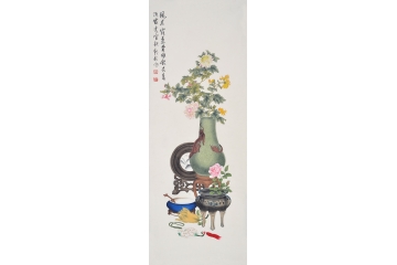 张朝彬四尺竖幅花鸟作品菊花玫瑰《花卉静物》