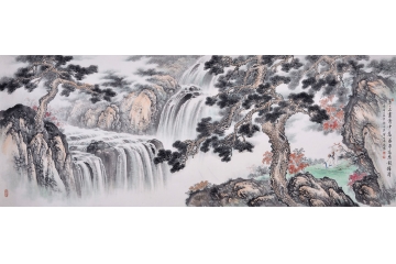 刘雅君八尺横幅山水画《苍苍不尽诗中意 瀑布高寒韵独清》