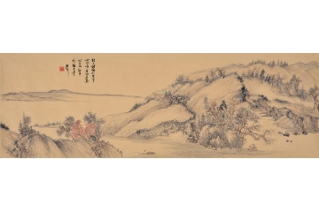 魏虚竹三尺对开山水画作《能了诸缘如梦事，世间唯有妙莲花》