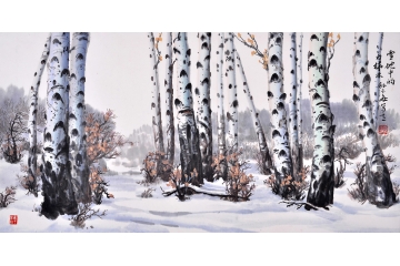 孙玉海四尺横幅山水画《雪地中的白桦林》