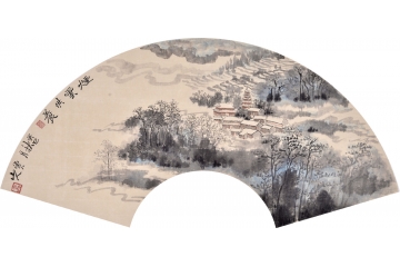 雷刚（鱼儿山人）扇面山水画作品《烟云供养》
