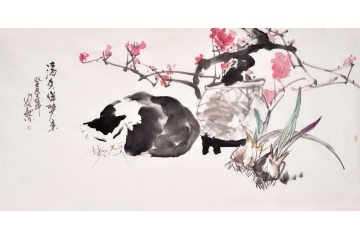 安然四尺横幅动物画作品猫《清香伴梦来》