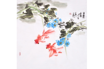 安然四尺斗方花鸟画鱼作品《有余图》之一