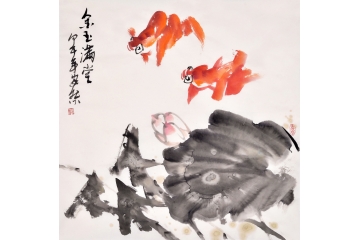 安然四尺斗方花鸟画金鱼荷花图《金玉满堂》之一