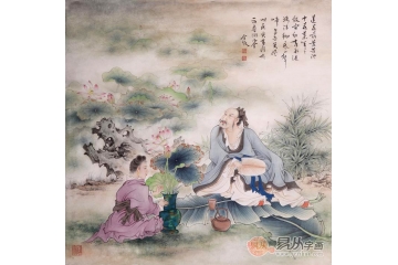 魏金岭四尺斗方人物画作品《莲花荷叶共池中》 高士图