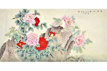 仇谷四尺横幅花鸟画牡丹鸽子《万事如意》