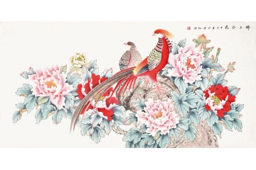 仇谷四尺横幅花鸟画牡丹锦鸡《锦上添花》
