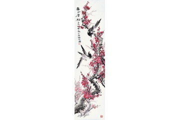 木清四尺竖幅花鸟画梅花喜鹊图《喜上眉梢二》