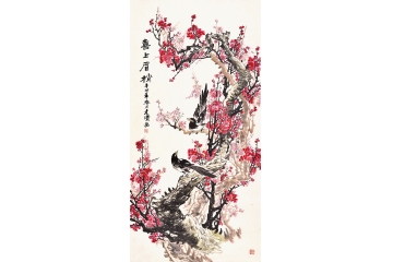 木清四尺竖幅花鸟画梅花喜鹊《喜上眉梢五》