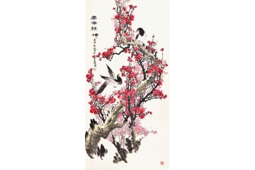 木清四尺竖幅花鸟画梅花喜鹊双侣《春满乾坤》