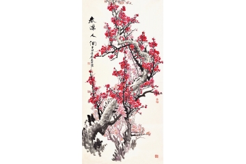 木清四尺竖幅花鸟画作品梅花图《春满人间》