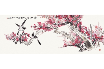 木清小六尺横幅花鸟画喜鹊梅花图《喜上眉梢》