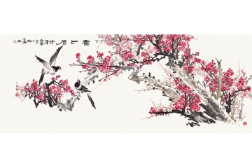 木清小六尺横幅花鸟画梅花喜鹊双鸟《喜上眉梢》