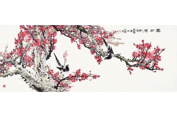 木清小六尺横幅花鸟画梅花喜鹊《喜上眉梢》