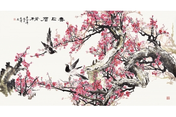 木清六尺横幅花鸟画喜鹊梅花双鸟图《喜上眉梢》