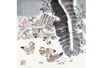 诸明小尺寸斗方花鸟画鸭子农家《和谐图》