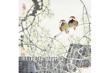 诸明小尺寸斗方花鸟画作品双侣《和谐美满图》