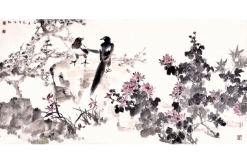 郭海林六尺横幅花鸟画四君子《高士喜聚图》