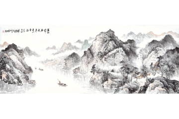 廖正华六尺横幅山水画作品《溪水悠悠春自来》