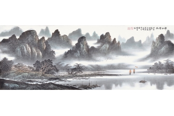 曾耀明六尺横幅山水画作品帆船《漓江烟雨》