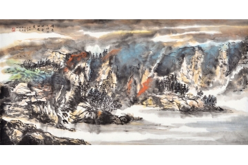 牛玉环四尺横幅山水画《峰影分斜日》
