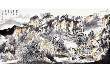 牛玉环四尺横幅山水画《云山万叠犹嫌浅》