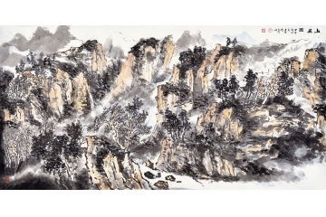牛玉环四尺横幅山水画作品《山居图》