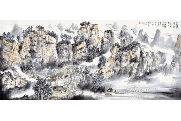 牛玉环六尺横幅山水画《几家茅屋水边村》