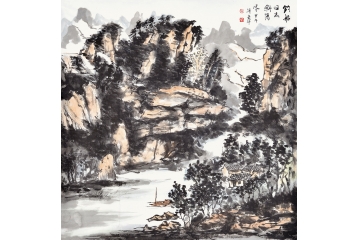 牛玉环四尺斗方山水画《钓船归去斜阳》