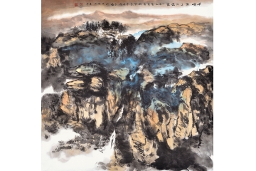 牛玉环四尺斗方山水画《千峰顶上只通云》