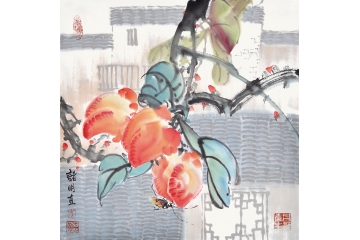 诸明小尺寸斗方花鸟画作品《添寿图》