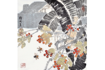 诸明小尺寸斗方花鸟画作品《樱满园》