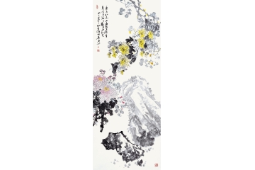 诸明四尺竖幅花鸟画菊花《菊花如志士》